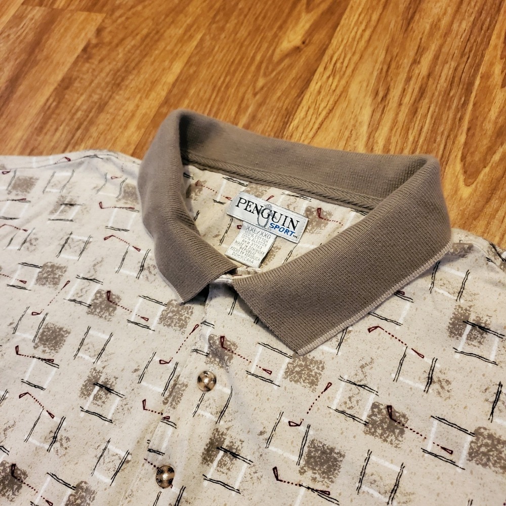 Vintage 90s Golf Shirt Men 2XL Beige Golf Club Print Pocket Penguin Sport